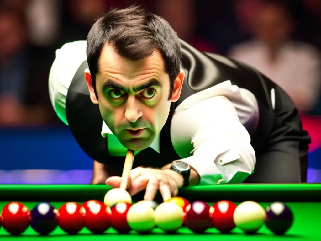 Ronnie O'Sullivan, maestro del snooker mundial, concentrado en una jugada precisa, rodeado de bolas de colores en el tapete.