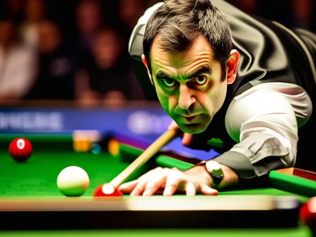 Ronnie O'Sullivan reinando el mundo del snooker con intensa concentración en el juego, destilando emoción y habilidad.