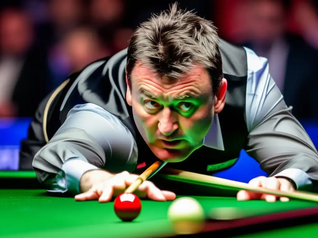 Jimmy White muestra su talento natural en una crucial partida de snooker, con intensa concentración y emoción palpable en el ambiente.
