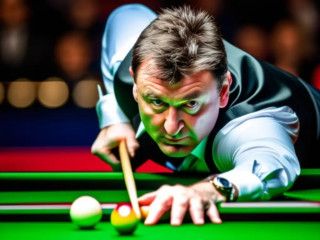 Jimmy White, el talento natural del snooker, se concentra intensamente en la mesa, rodeado por la atmósfera de alta competición.