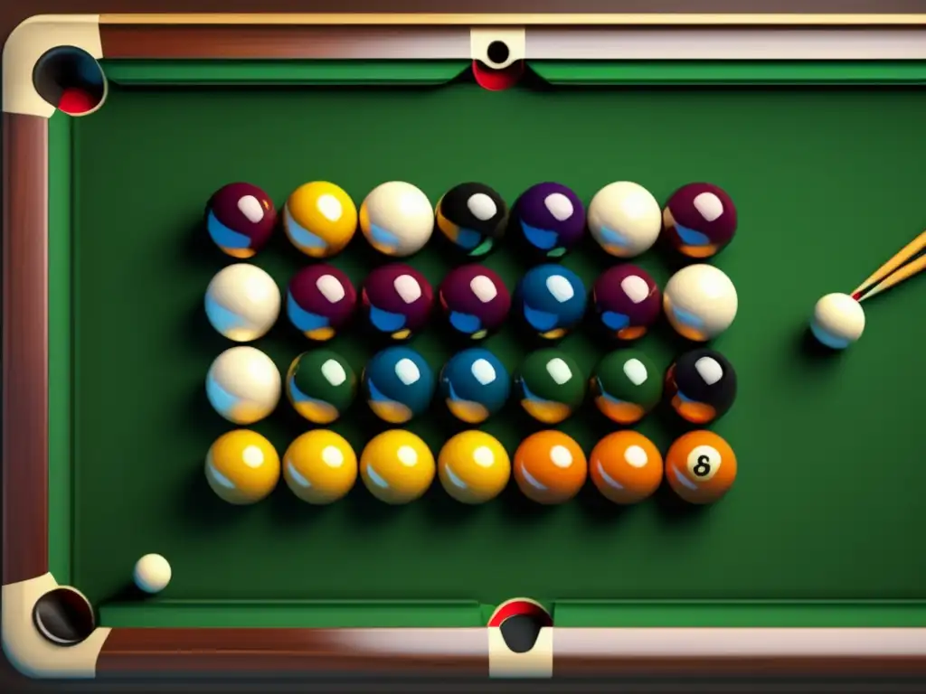 Perspectiva aérea de mesa de billar, exaltando precisión y estrategia