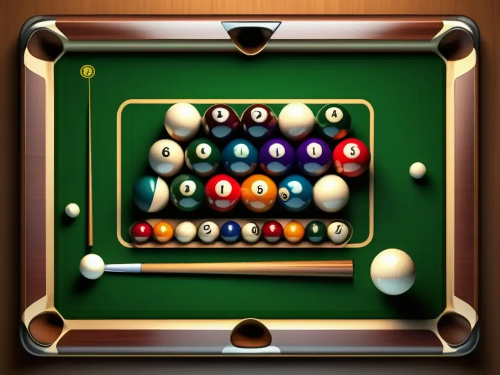 Detalle preciso de una mesa de billar, bolas vibrantes en formación